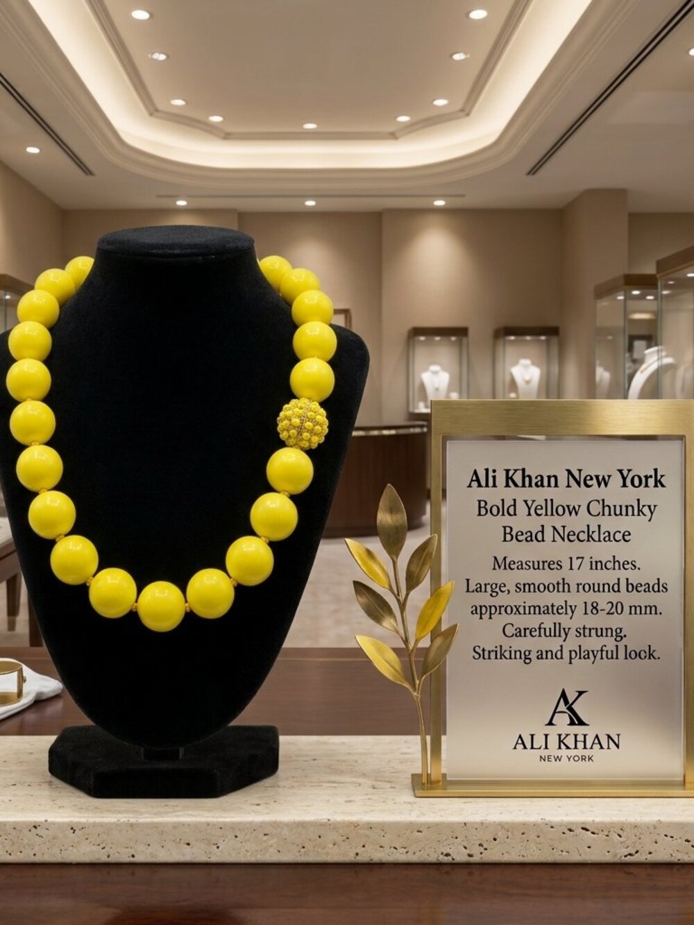 Ali Khan Bright Yellow Chunky Bead Statement Necklace Gold Magnetic Clasp 17"